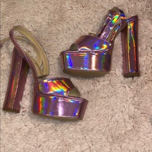 Pink iridescent platform high heels